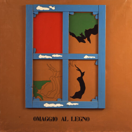 1969 maggio<br>' Omaggio al legno '<br>telaio in legno, smalto industriale, pennarello su tela<br>cm 150x150