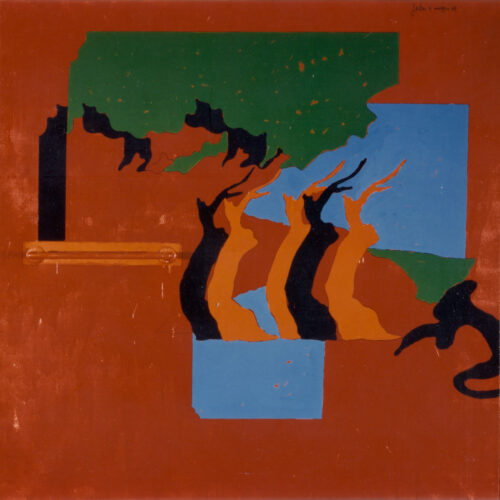 1969<br>' Paesaggio scarlatto con porta asciugamani '<br>smalto industriale, pennarello, collage polimaterico su tela<br>cm 150x150