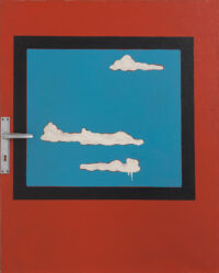 1969<br>Sardegna Cielo<br>smalto industriale e maniglia applicata su tela<br>cm 90x70