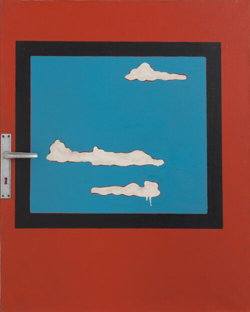 1969<br>Sardegna Cielo<br>smalto industriale e maniglia applicata su tela<br>cm 90x70