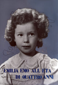 1969<br>Emilia Emo all'età di 4 anni<br>collage fotografico, smalto industriale, pennarello su tavola<br>cm 120x90
