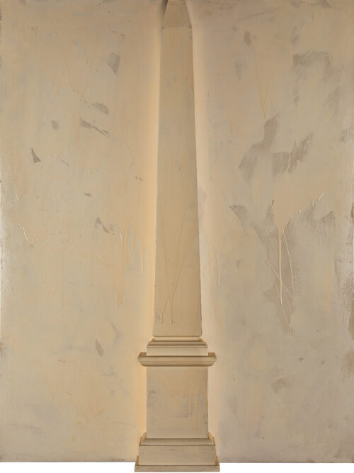 1963<br>'Obelisco'<br>smalto industriale e obelisco in legno su tavola<br>cm 115x90