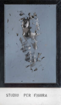 1964<br>Studio per figura<br>smalto industriale, legno e collage fotografico su tavola<br>cm 120x65