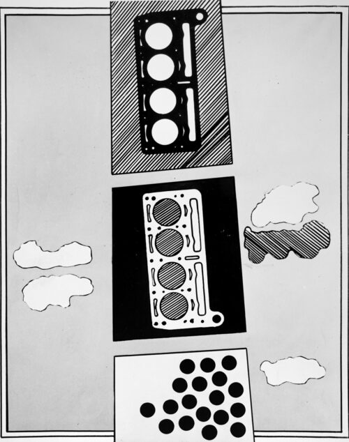 1965 settembre<br>Cielo meccanico<br>smalto industriale e pennarello su tela<br>cm 100x80
