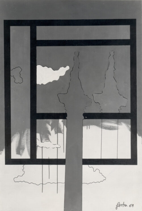 1969<br>Solitudine nella piazza n.5<br>smalto industriale e pennarello su tela<br>cm 160x100