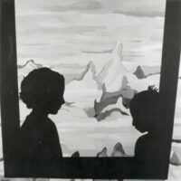 1969<br>Figure e paesaggio<br>smalto industriale e colori ad olio su tela<br>cm 100x100