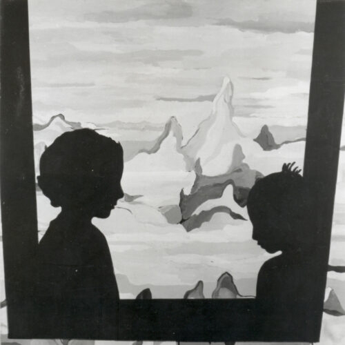 1969<br>Figure e paesaggio<br>smalto industriale e colori ad olio su tela<br>cm 100x100