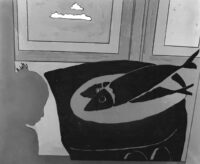 1970<br>Visita al museo<br>smalto industriale e pennarello su tela<br>cm 80x100