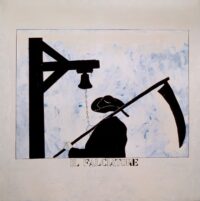 1970 29 aprile<br>Nei giorni di pioggia, Il Falciatore<br>smalto, pittura industriale, pennarello su tela<br>cm 150x150