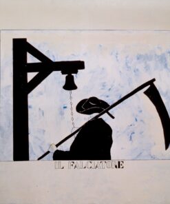 1970 29 aprile<br>Nei giorni di pioggia, Il Falciatore<br>smalto, pittura industriale, pennarello su tela<br>cm 150x150