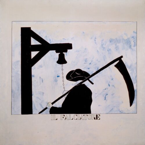 1970 29 aprile<br>Nei giorni di pioggia, Il Falciatore<br>smalto, pittura industriale, pennarello su tela<br>cm 150x150