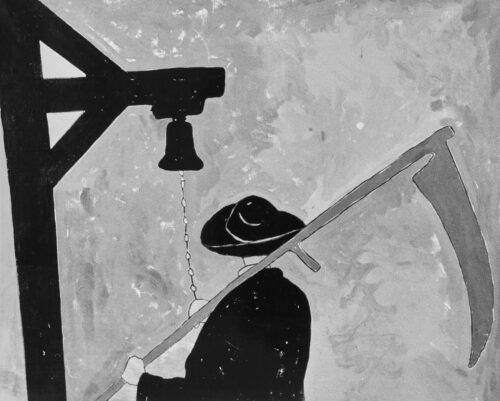 1970<br>Il Falciatore<br>smalto, pittura industriale, pennarello su tela<br>cm 80x100