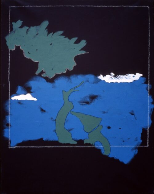 1971 agosto, Asolo<br>Paesaggio su fondo nero<br>smalto, pittura industriale, matita su tela<br>cm 90x70