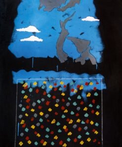 1971<br>Paesaggio su fondo nero<br>smalto, pittura industriale, matita su tela<br>cm 115x90