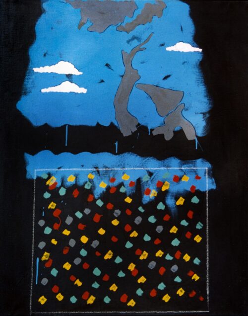 1971<br>Paesaggio su fondo nero<br>smalto, pittura industriale, matita su tela<br>cm 115x90