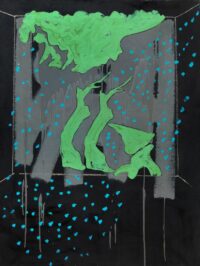 1971<br>Paesaggio su fondo nero<br>smalto, pittura industriale, matita su tela<br>cm 115x90