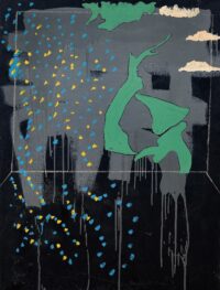 1971 agosto, Asolo<br>Paesaggio su fondo nero<br>smalto, pittura industriale, matita su tela<br>cm 115x90