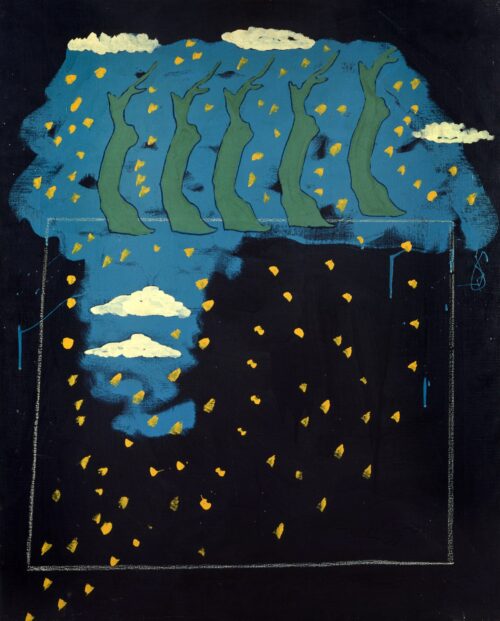 1971<br>Paesaggio su fondo nero<br>smalto, pittura industriale, matita su tela<br>cm 115x90