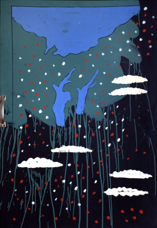 1971<br>smalto, pittura industriale, pennarello, maniglia applicata su tela<br>cm 100x70