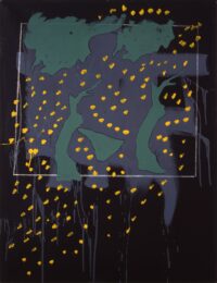 1971<br>Paesaggio su fondo nero<br>smalto, pittura industriale, matita su tela<br>cm 115x90