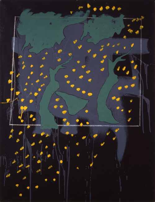 1971<br>Paesaggio su fondo nero<br>smalto, pittura industriale, matita su tela<br>cm 115x90