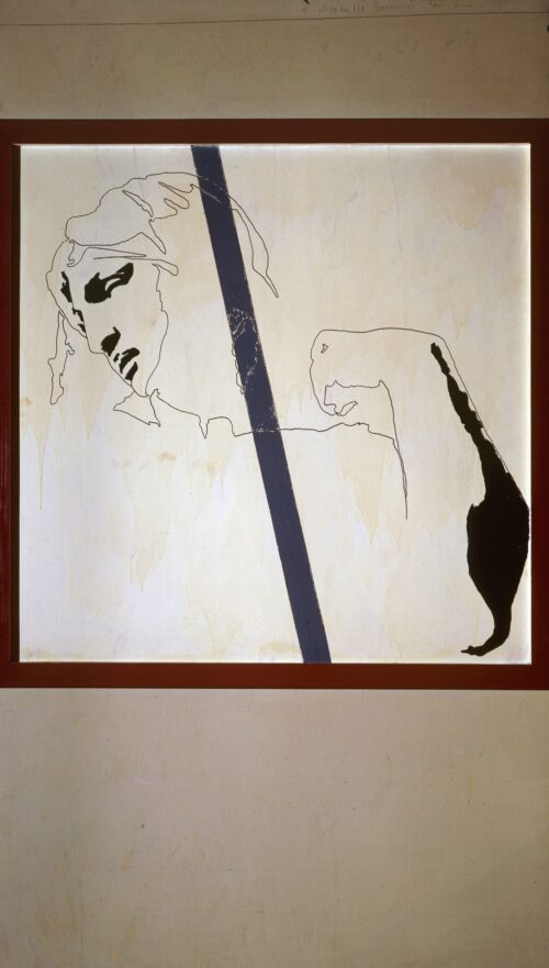 1971<br>smalto, pittura industriale, pennarello, collage di legno su tavola<br>cm 210x120