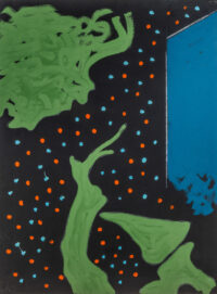 1972<br>Paesaggio su fondo nero<br>pittura industriale, tempera, matita su tela<br>cm 80x60