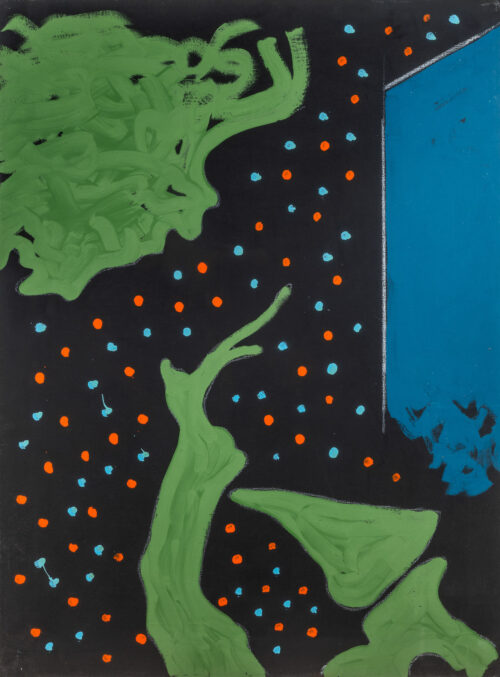 1972<br>Paesaggio su fondo nero<br>pittura industriale, tempera, matita su tela<br>cm 80x60