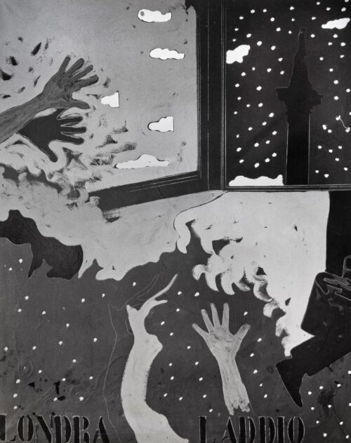 1972<br>Gli Addii nel paesaggio<br>smalto, pittura industriale, matita su tela<br>cm 160x130