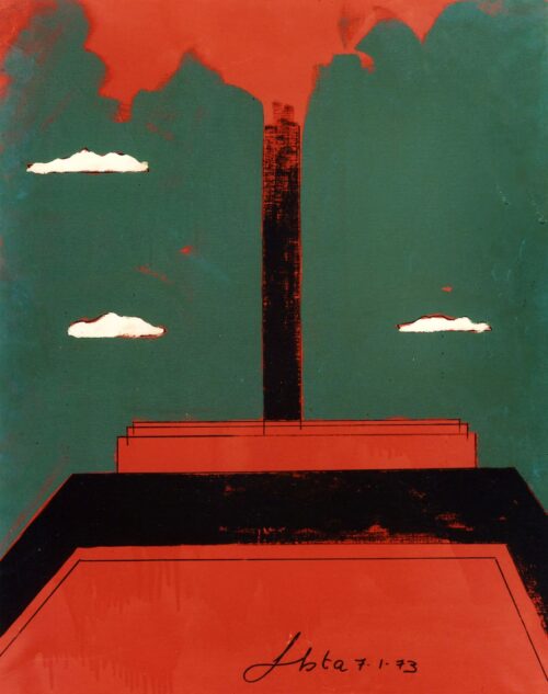 1973 7 gennaio<br>Piazza d'Italia<br>pittura industriale, tempera, pennarello su tela<br>cm 90x70