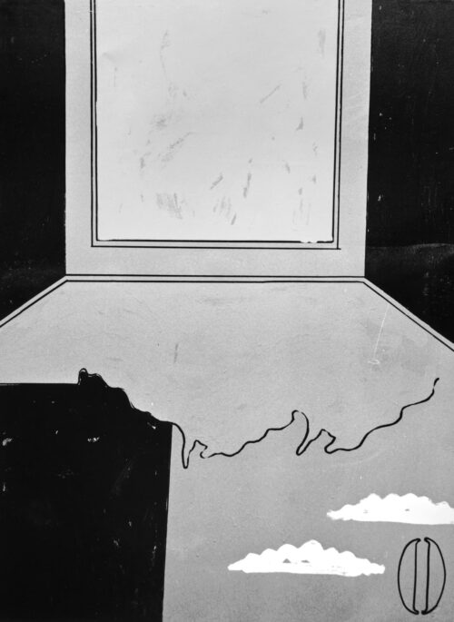 1973<br>Paesaggio con la O<br>smalto, pittura industriale, pennarello su tela<br>cm 80x60