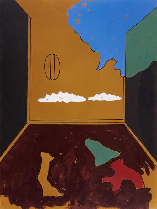 1973<br>Paesaggio con la O<br>smalto, pittura industriale, pennarello su tela<br>cm 80x60