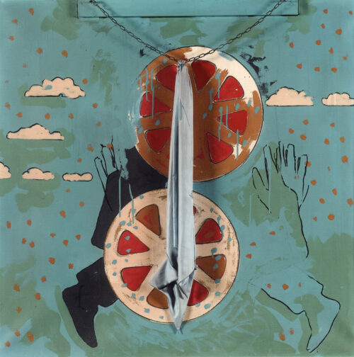 1973 26 marzo<br>Il peccato originale, dedicato a Patty Pravo<br>smalto, pittura industriale, pennarello, stoffa, catena, listello di legno su tela<br>cm 150x150