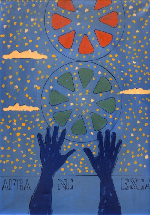 1973 4 aprile<br>dedicato a Francesca, Tano<br>smalto, pittura industriale, pennarello su tela<br>cm 100x80