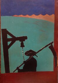 1973 gennaio<br>' Il Falciatore, a guancialotto con affetto '<br>smalto, pittura industriale, pennarello su tela<br>cm 100x70