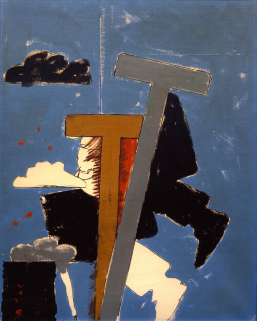 1973 datata '63<br>La passeggiata di Euclide omaggio a Magritte, ovvero lo spirito della Geometria a Francesco Festa Lo Savio<br>smalto, pittura industriale, pennarello su tela<br>cm 100x80