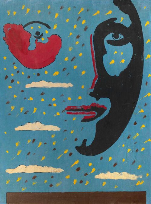 1973 28 aprile, Roma<br>A Sergio Ferrero con amicizia (Impara a giocare a carte)<br>smalto, pittura industriale, pennarello su tela<br>cm 80x60