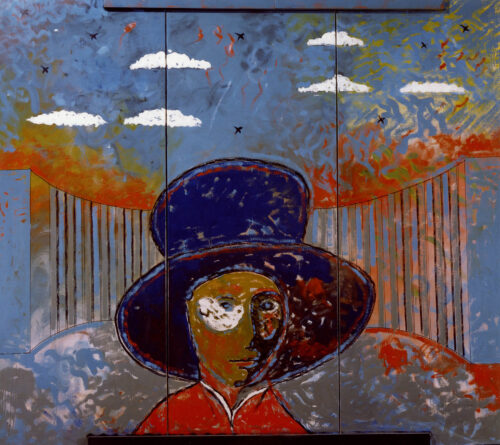 1973 aprile, Roma<br>Il Cardinal Decano, dedicato a Graziella Leonardi<br>smalto, pittura industriale, pennarello su trittico di tele<br>cm 160x180