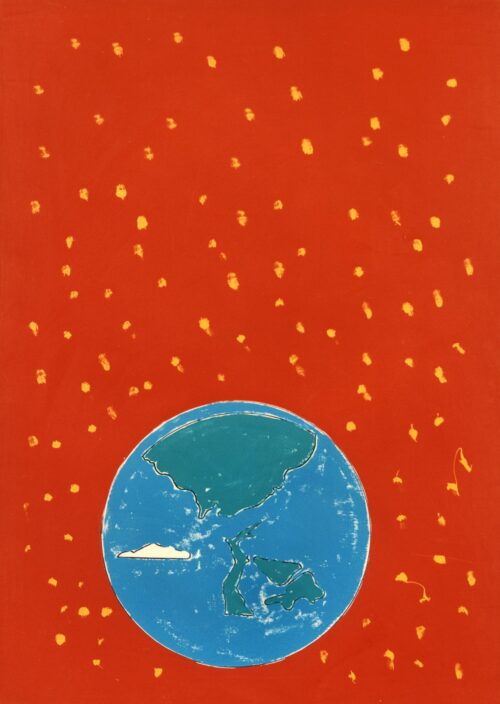 1973<br>Spaesaggio<br>pittura industriale, tempera, pennarello su tela<br>cm 100x70