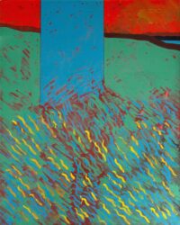 1973<br>Spaesaggio<br>smalto, pittura industriale, pennarello su tela<br>cm 160x130