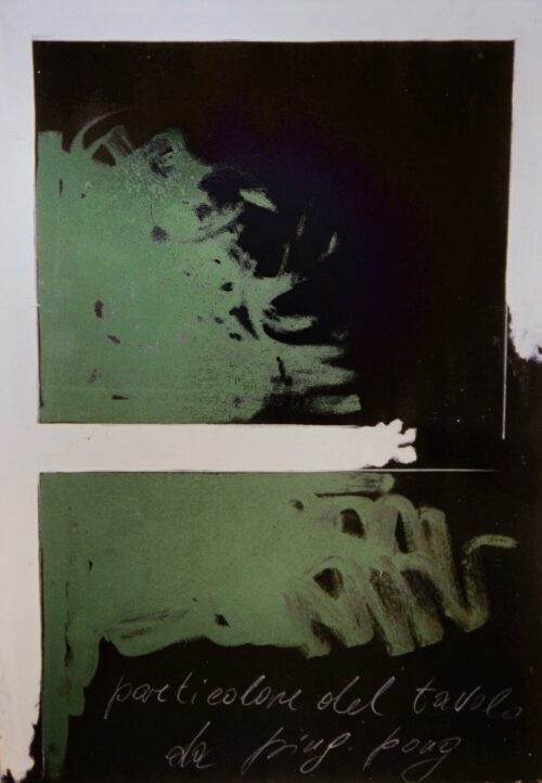 1973<br>Particolare del tavolo da ping pong<br>pittura industriale, tempera, matita su tela<br>cm 100x70