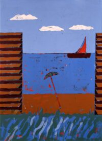 1973<br>Dalla finestra della camera da letto di Positano nell'estate del 1969<br>smalto, pittura industriale, pennarello su tela<br>cm 80x60