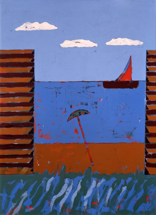 1973<br>Dalla finestra della camera da letto di Positano nell'estate del 1969<br>smalto, pittura industriale, pennarello su tela<br>cm 80x60