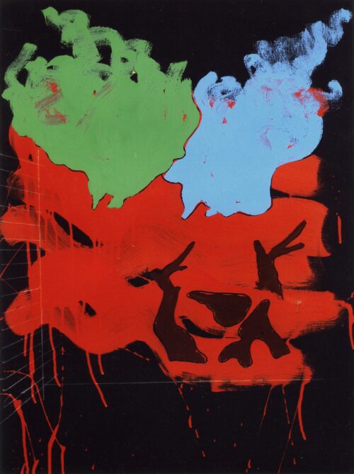 1973<br>Spaesaggio, dedicato a O.A.<br>pittura industriale, tempera, pennarello su tela<br>cm 80x60