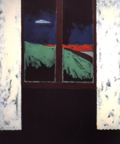 1973<br>Interno con tende bianche<br>pittura industriale, tempera, gessetto su tela<br>cm 160x130