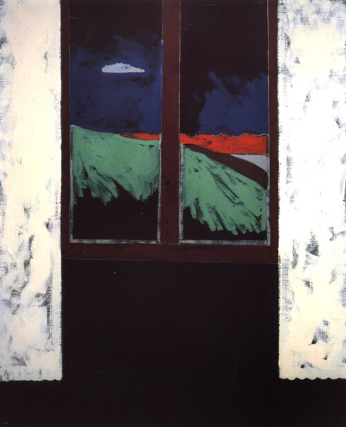 1973<br>Interno con tende bianche<br>pittura industriale, tempera, gessetto su tela<br>cm 160x130