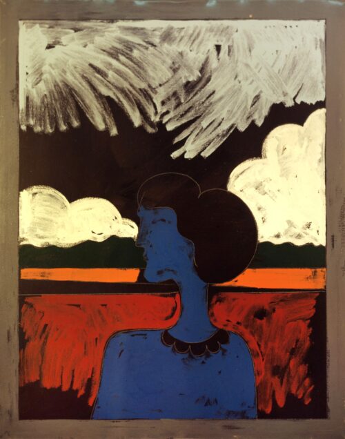 1973<br>Figura e paesaggio<br>pittura industriale, tempera, matita su tela<br>cm 100x80