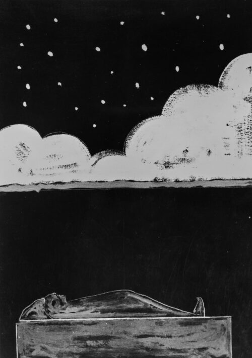 1973<br>Rimini 1954, alla memoria di Rodolfo Martelli<br>pittura industriale, tempera, matita su tela<br>cm 80x60