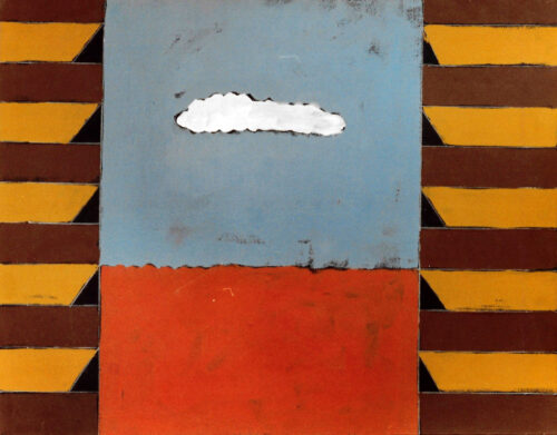 1974<br>' Finestra con paesaggio '<br>smalto, pittura industriale, matita su tela<br>cm 60x80