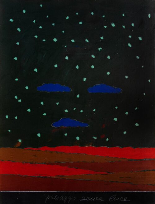 1974<br>Paesaggio senza luce<br>pittura industriale, tempera, matita su tela<br>cm 80x60